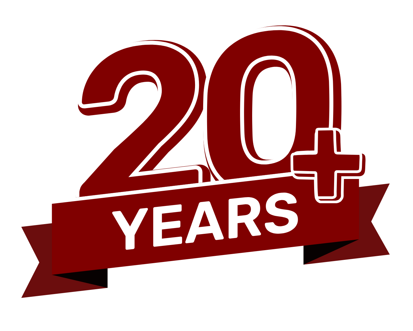 Celebration graphic with large red number 20 plus a red ribbon with white text that says "YEARS" on a black background.