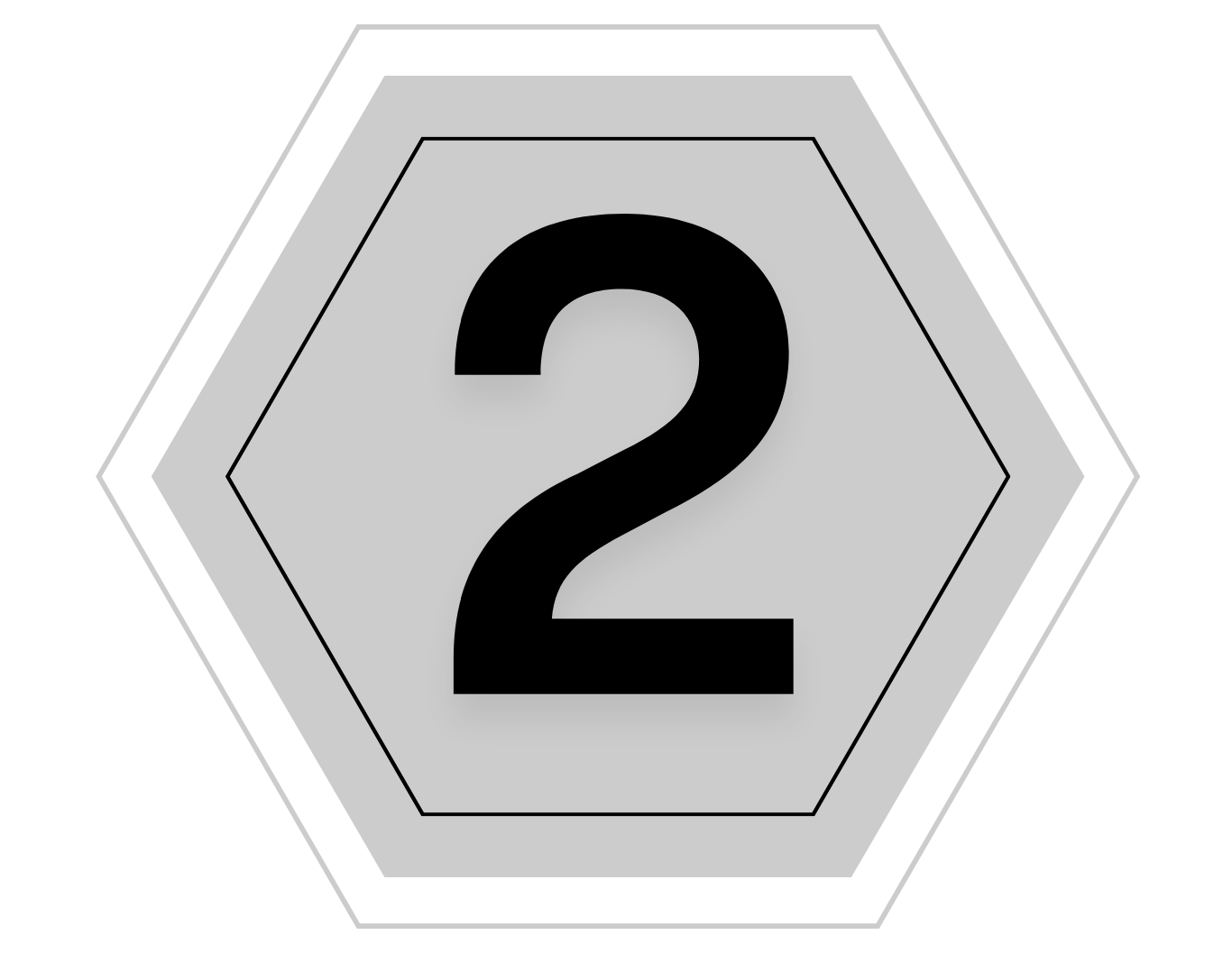 Gray hexagon with black number 2 in the center and layered outlining.