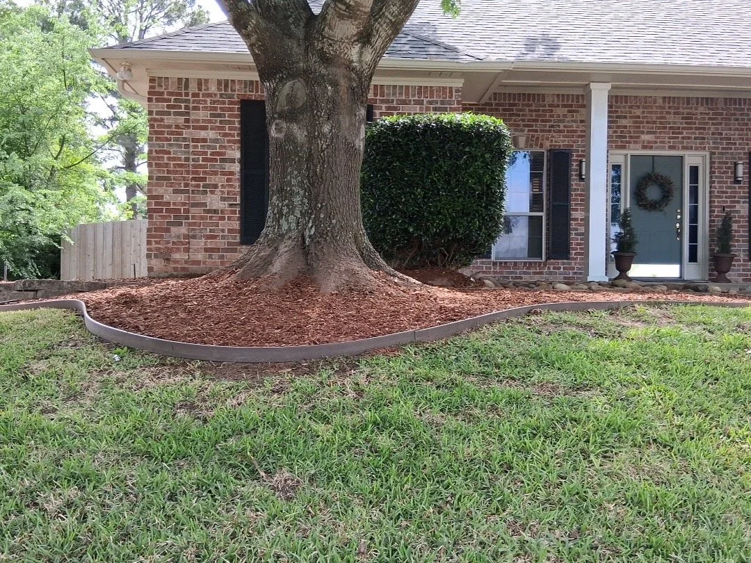 The front yard of a house featuring a large tree with a mulch bed around its trunk, a brick house exterior with black shutters, a front door with a wreath, and potted plants on either side of the door.