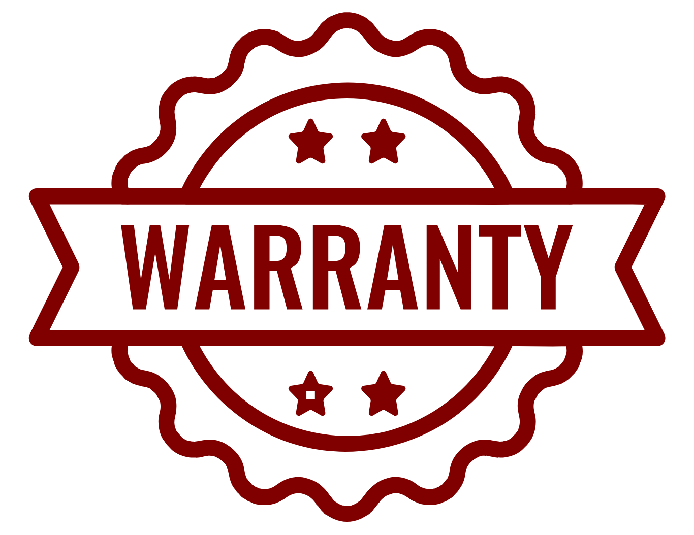 Red warranty badge with five stars and a ribbon banner reading 'WARRANTY' in the center.
