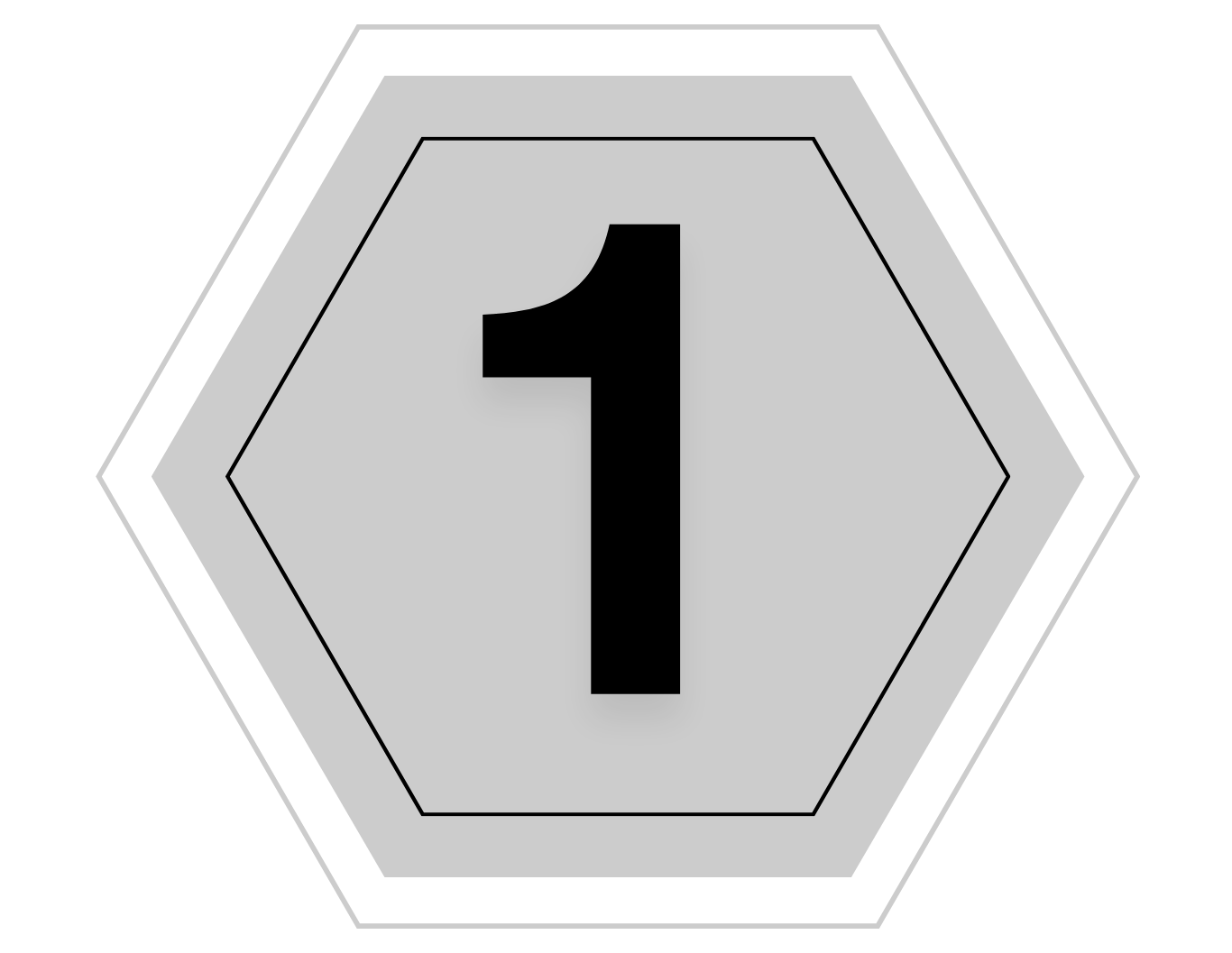 A hexagonal badge with the number one in the center, black on a gray background with a black border.