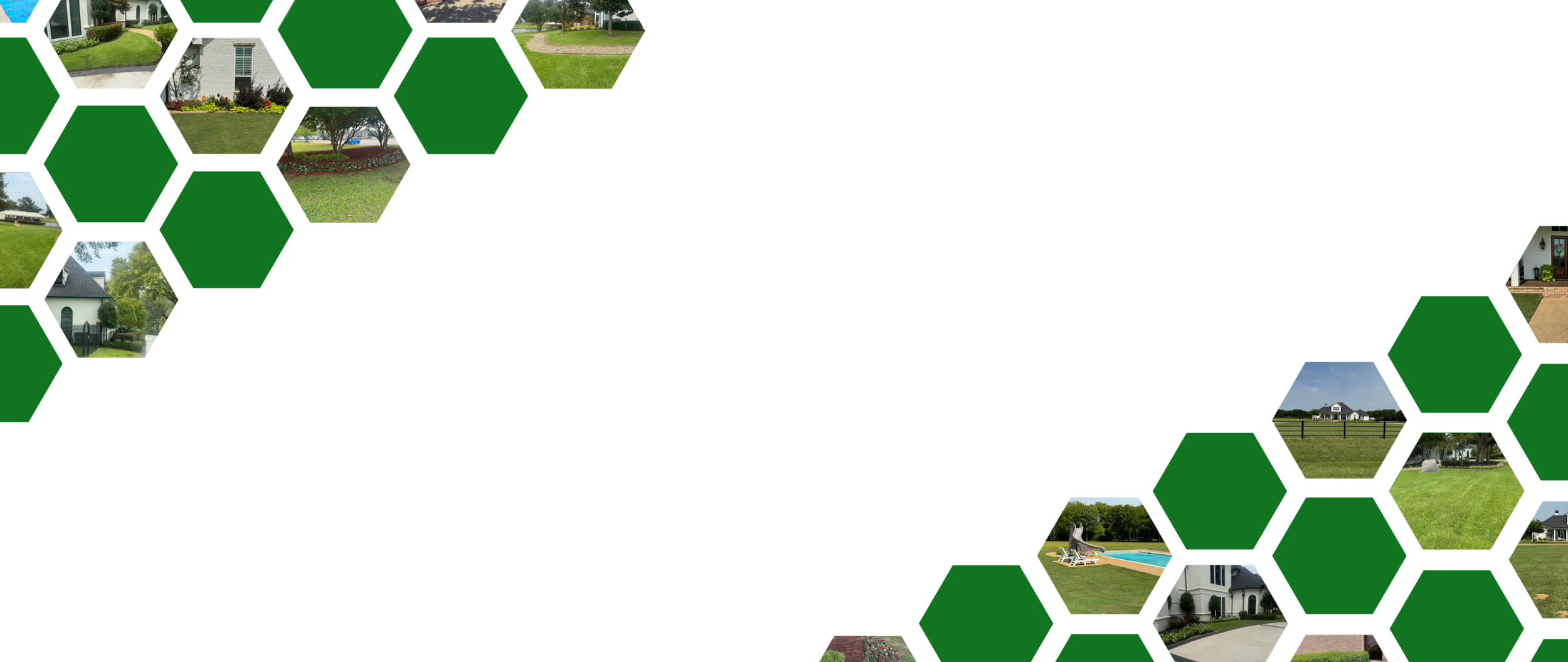 A collage of images depicting various features of luxurious residential yards, including well-maintained lawns, a swimming pool with lounge chairs, houses, and landscaped gardens, framed by a pattern of green and black hexagons.