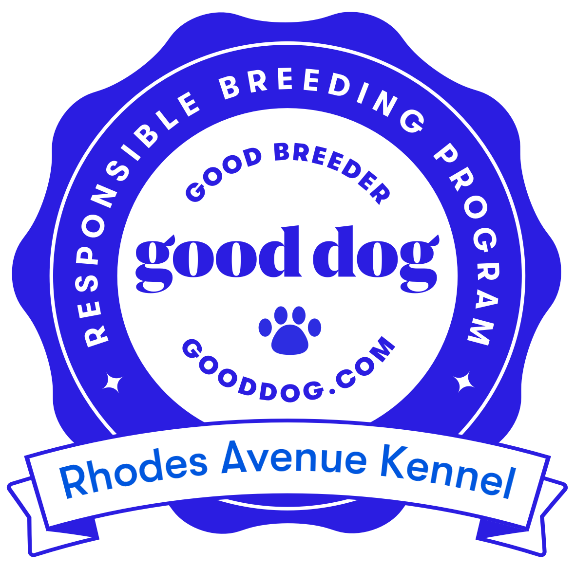 Blue and white badge with a paw print, reading 'Resilient Possible Breeding Program,' 'Good Breeder,' 'Good Dog,' and 'gooddog.com,' with a banner at the bottom saying 'Rhodes Avenue Kennel.'