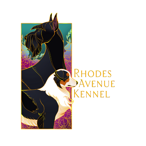 Artistic illustration of two dogs, a black dog with gold outlines and a tricolor dog, with colorful floral background and stylized text that reads 'Rescue, Adopt, Enjoy, Kennel'