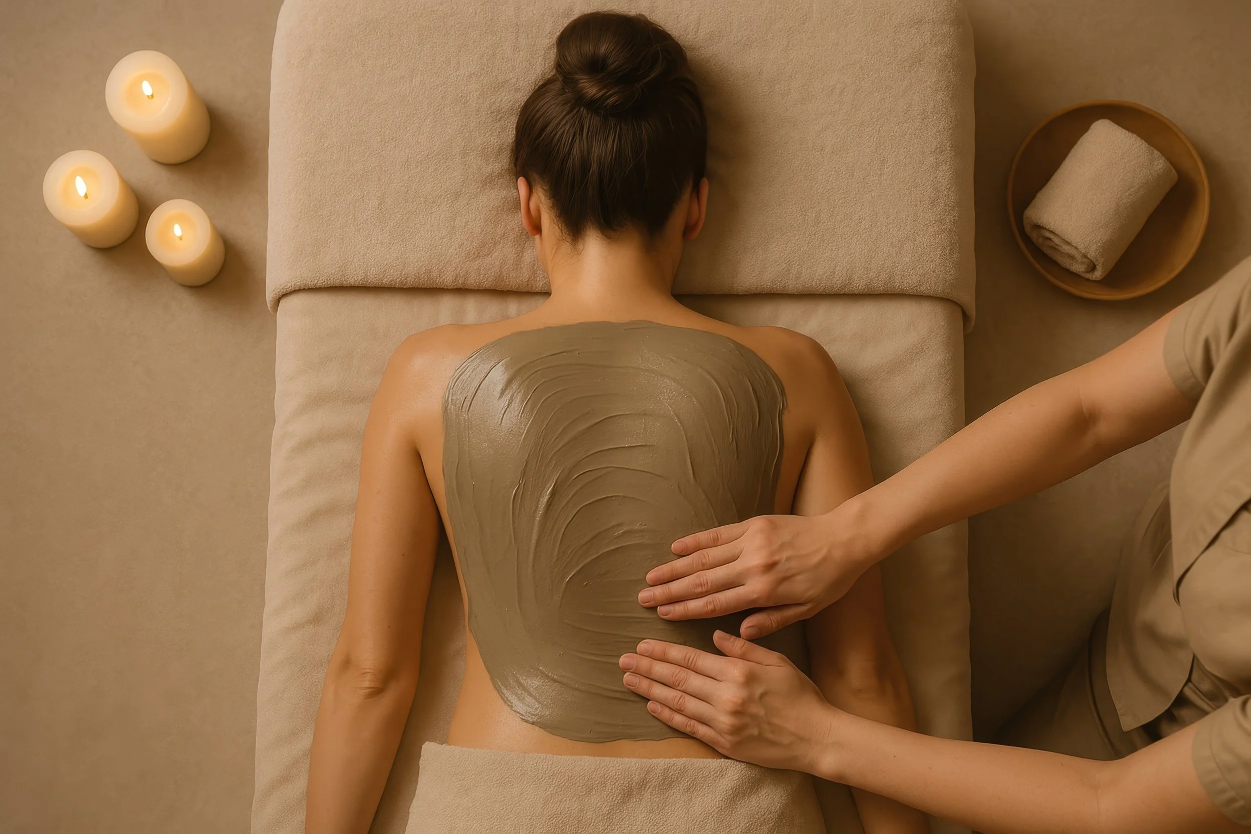 A woman is lying face down on a massage table, covered with a towel, receiving a mud massage on her back from a massage therapist. Candles are lit nearby, creating a relaxing atmosphere.