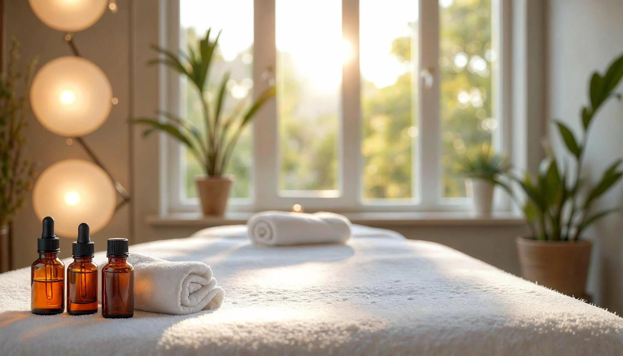 A spa or massage room with a massage table covered in a white towel, three small amber bottles with black caps and droppers, a rolled white towel, and potted plants near a large window with sunlight shining through.