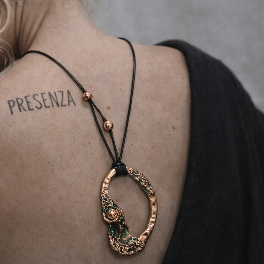 Collana Chiocciola errante in metallo, arte indossabile di Natasha Lume, indossata sul corpo come segno di presenza