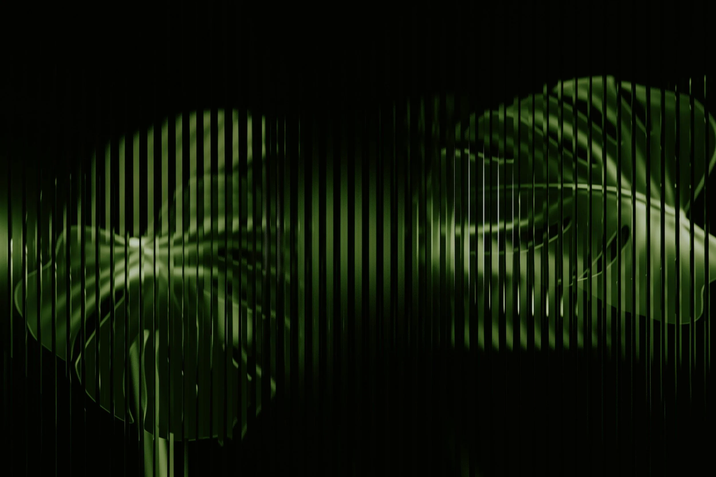 Abstract digital art with green palm leaves and vertical lines on a black background.