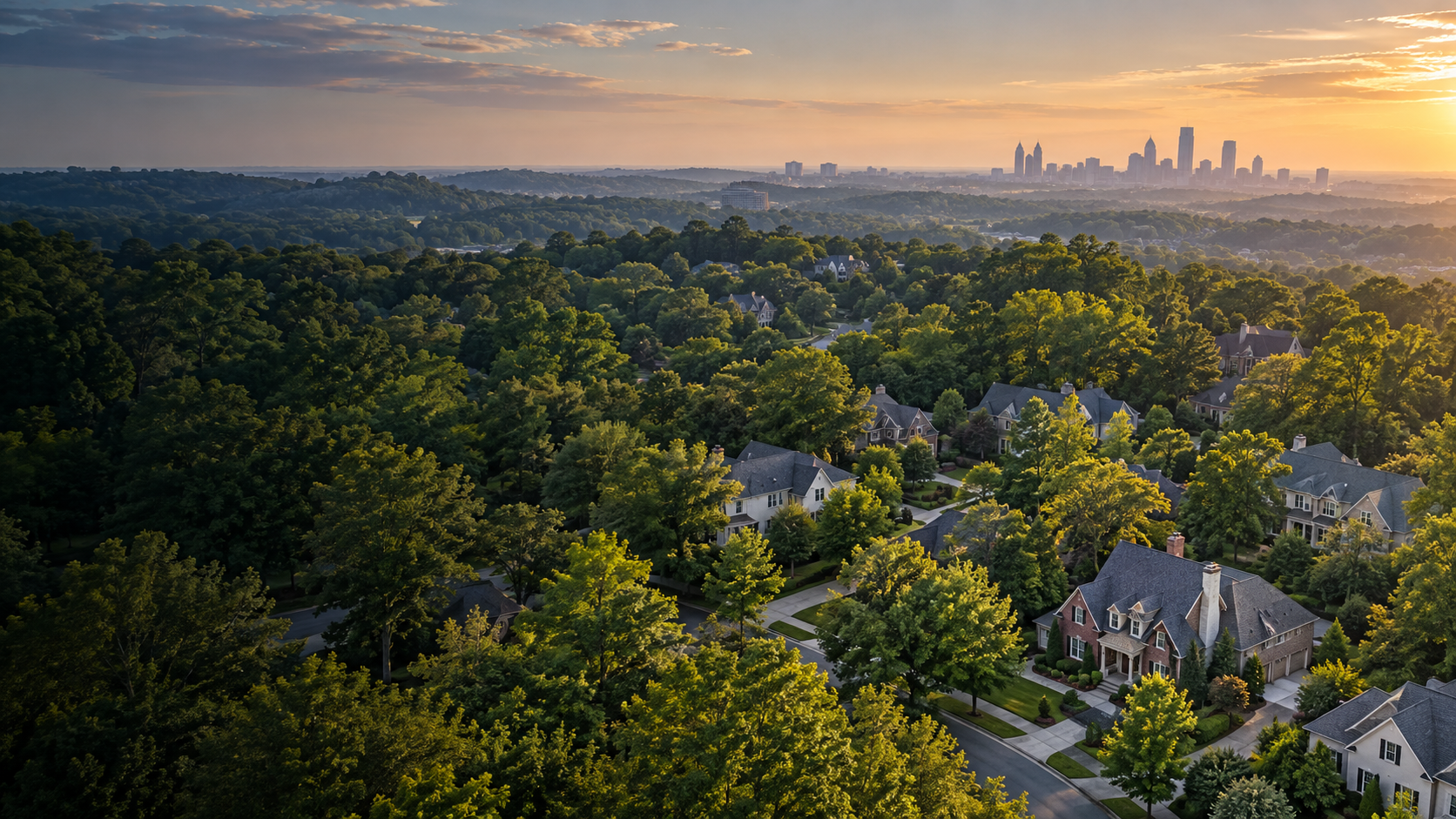 Aerial view of a suburban neighborhood with large houses and lush green trees, with Atlanta city skyline in the distance during sunset.
