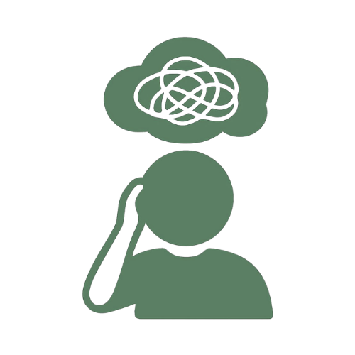 A simple illustration of a person with a thought cloud containing a tangled line above their head, representing confusion or mental stress.