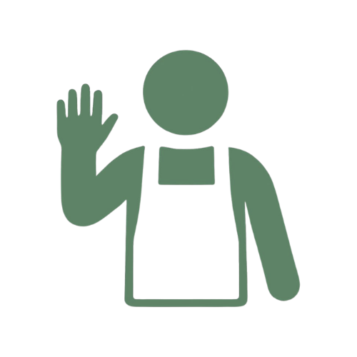 Silhouette of a person waving with one hand and wearing an apron.