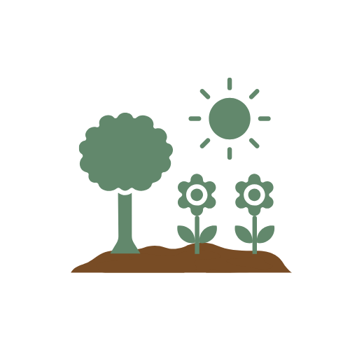 Simple illustration of a tree, two flowers, the sun, and a patch of soil.