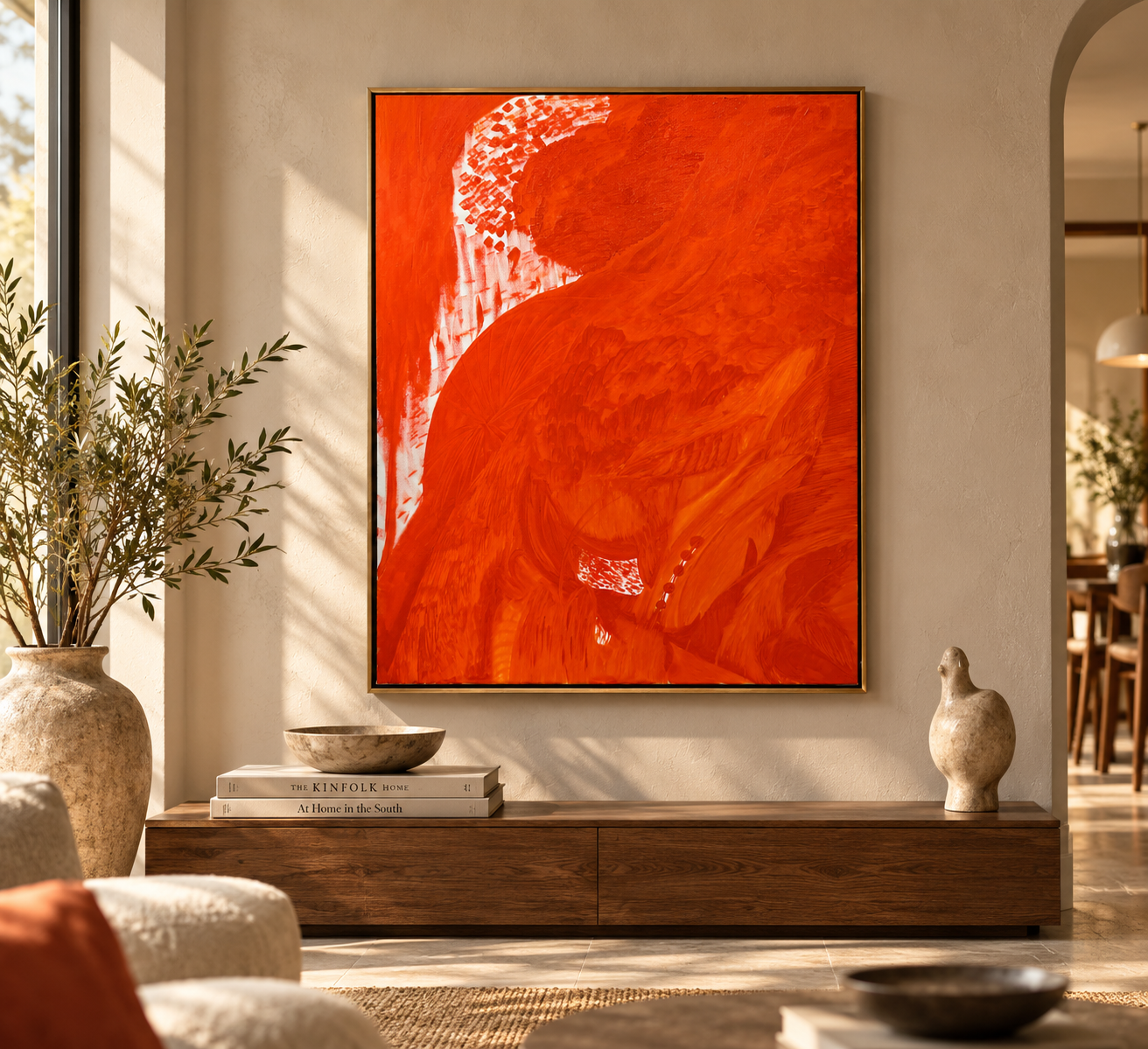 Sunlit Interior with Fiery Abstract Art.png