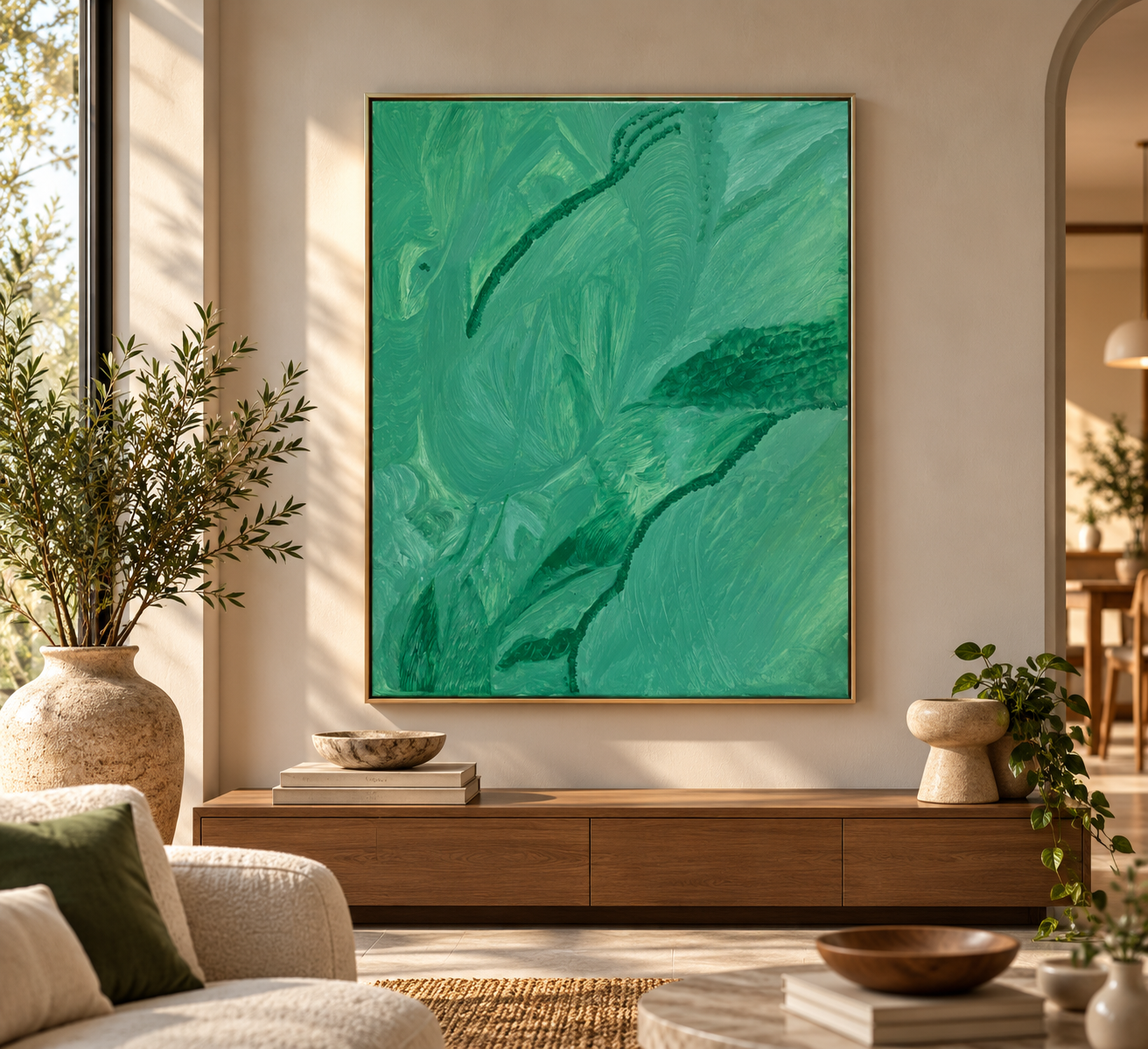 Sunlit Green Abstract Living Room.png