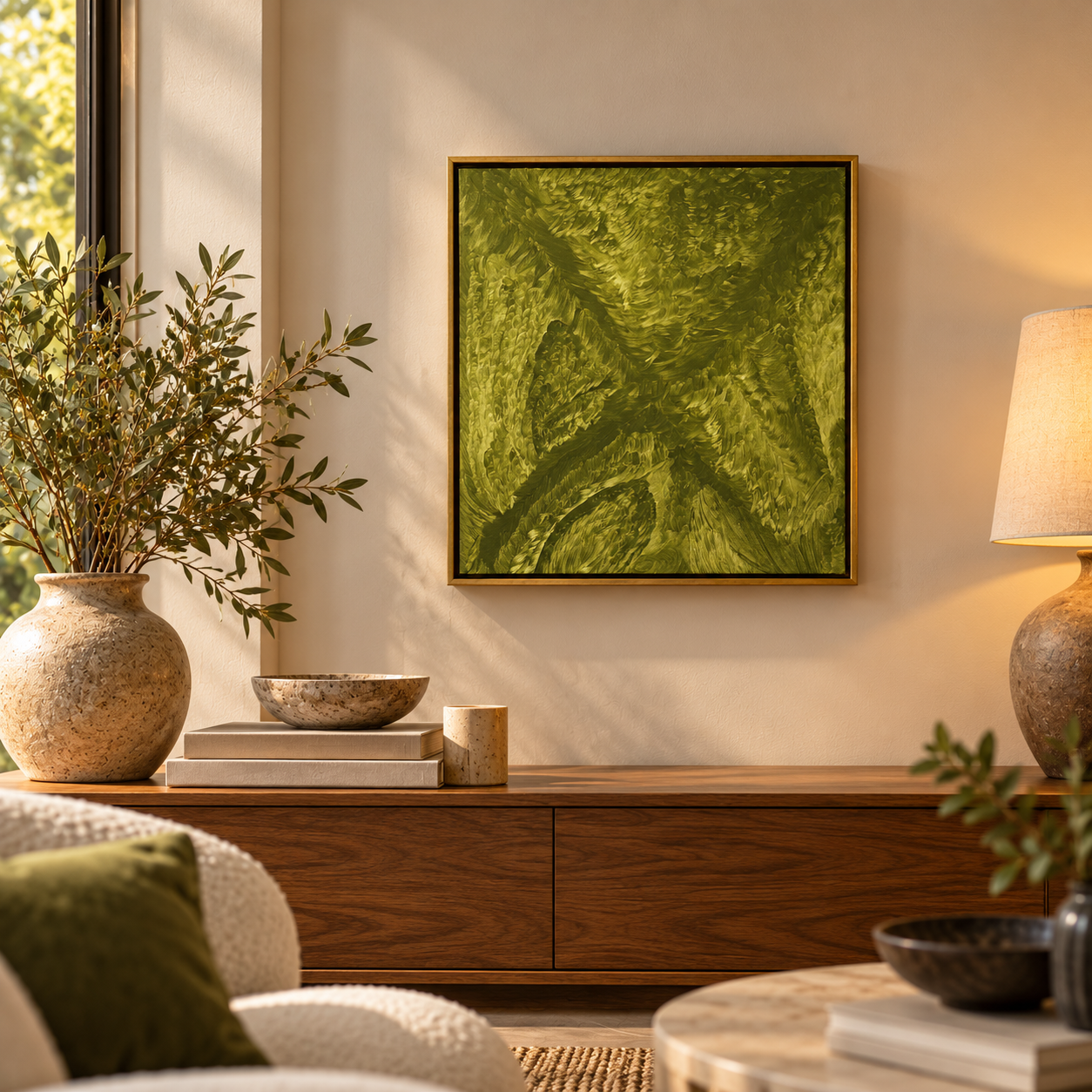 Warm Green Abstract Living Room Vignette.png