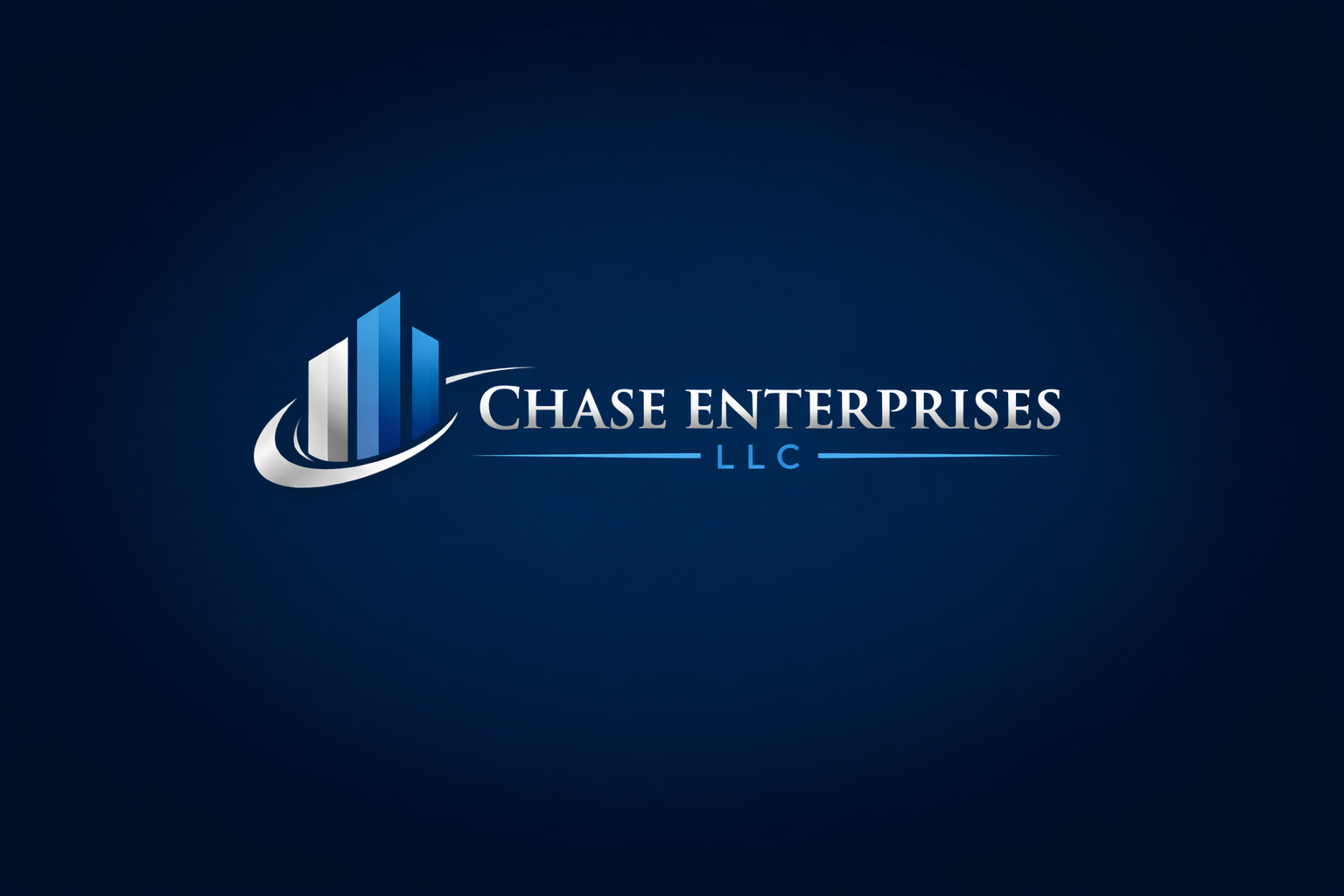 Chase Enterprises LLC logo with blue and silver building graphic on a dark blue background.