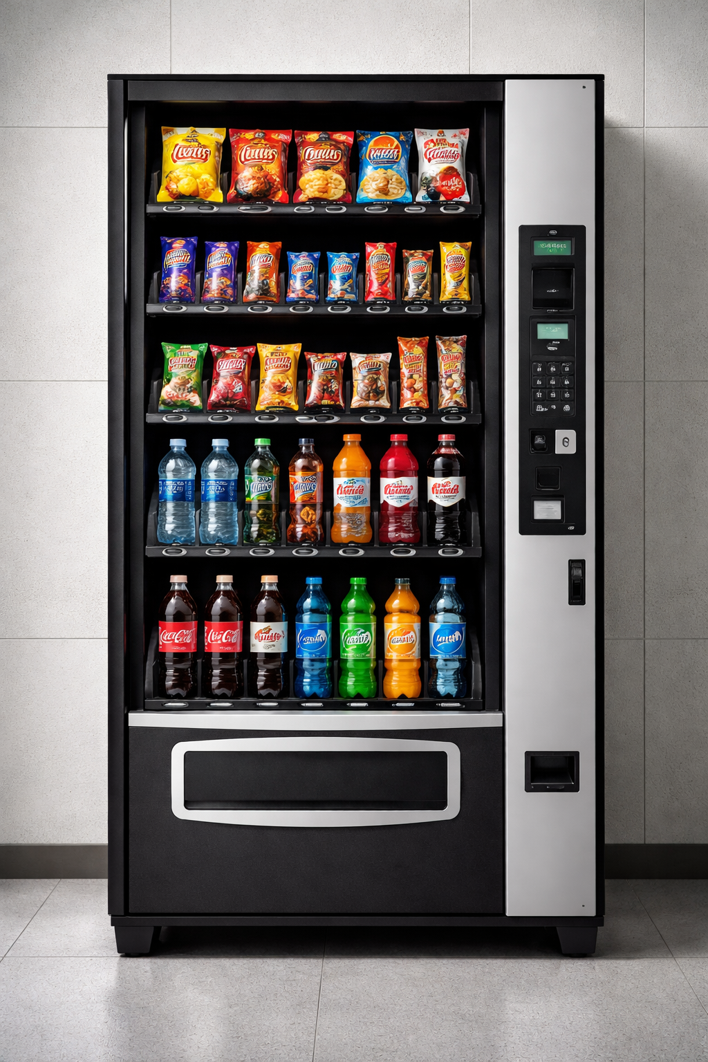A vending machine filled with snacks and beverages, including chips, candy, bottled water, and sodas, against a tiled wall.