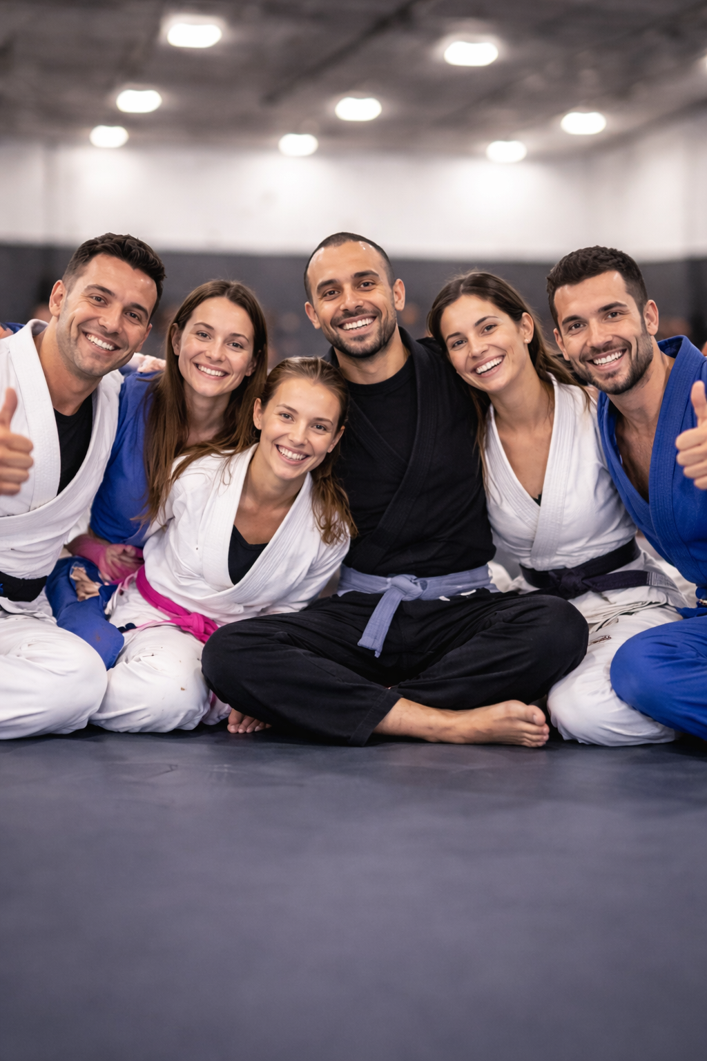 Group of six smiling people in martial arts uniforms, sitting on a mat in a gym, with arms around each other, showing thumbs up.