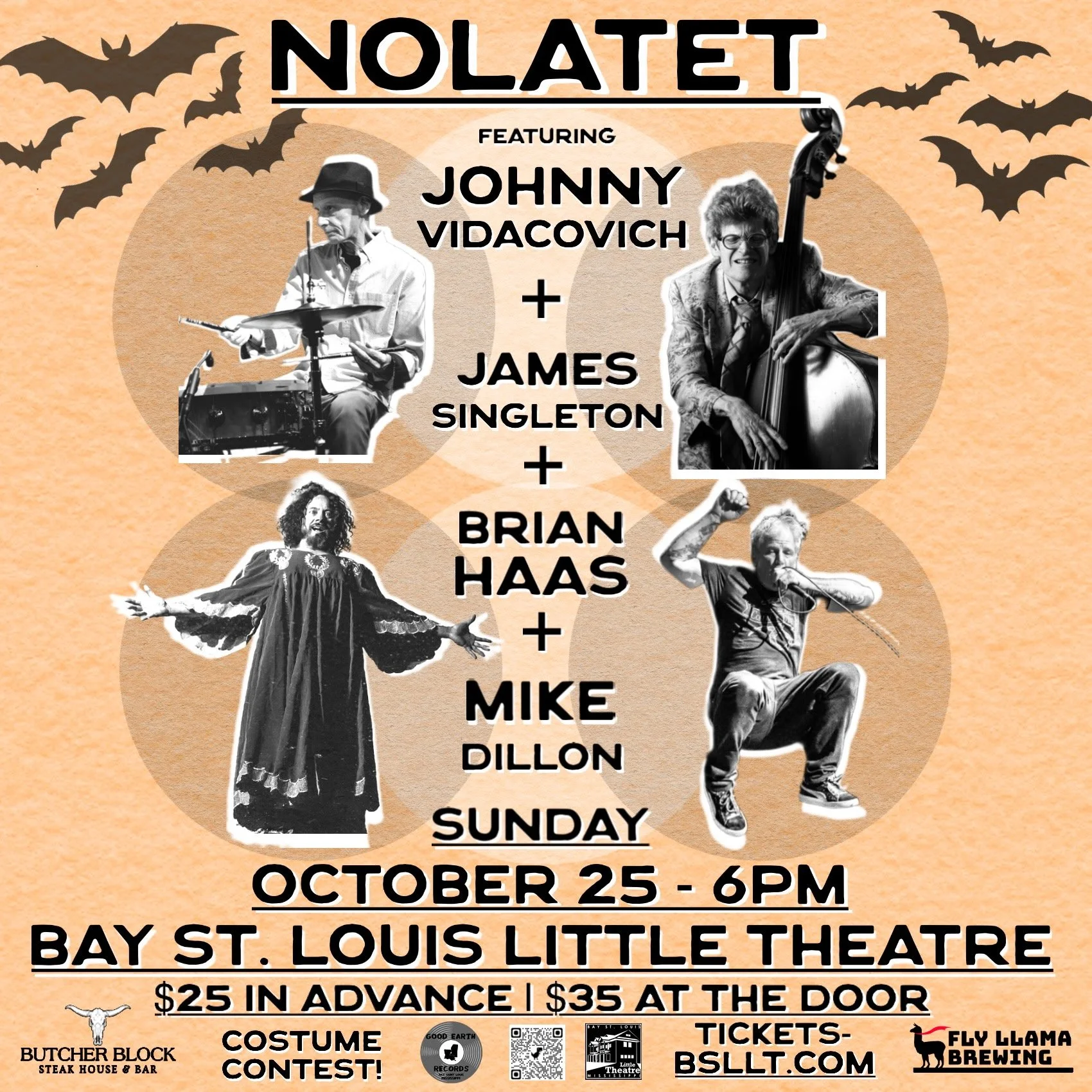 Poster for a musical event featuring Johnny Vidacovich, James Singleton, Brian Haas, and Mike Dillon at Bay St. Louis Little Theater on Sunday, October 25 at 6 PM. Includes images of musicians, bats, and logos of sponsors.