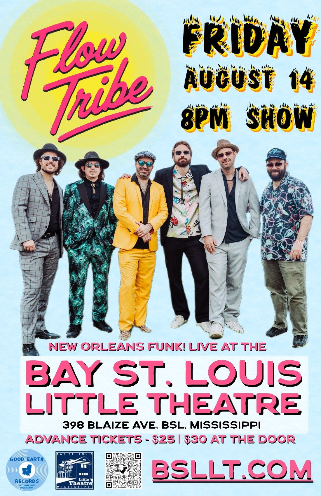 Flow Tribe poster for event happening at the Bay Saint Louis Theatre on August 14th, 2026 at 8:00 pm.