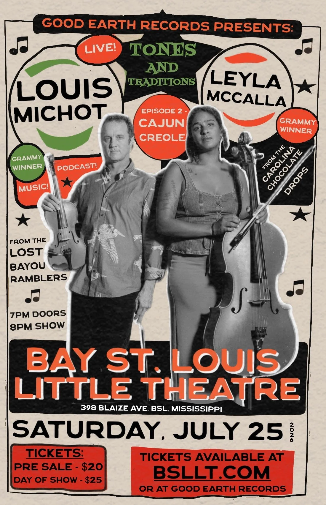 Poster advertising a live music event titled "Tones and Traditions" featuring Louis Michot and Leyla McCalla, presented by Good Earth Records at Bay St. Louis Little Theatre, Mississippi, on Saturday, July 25, 2026, with details about tickets, location, and performers.