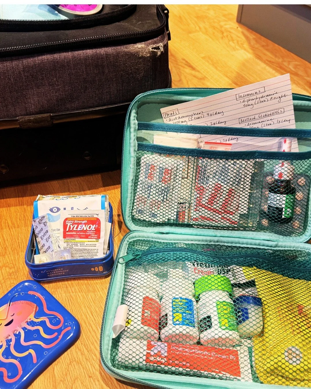 My kid is going to Germany for a month. I packed accordingly. 🇩🇪

Bag #1: Cough drops. Flonase. Zyrtec. Benadryl. Tylenol. Aleve. Moleskin. Dramamine. Regular AND waterproof bandaids. Hydrocortisone cream. Vaseline.

Bag #2 (the backup tin): Travel