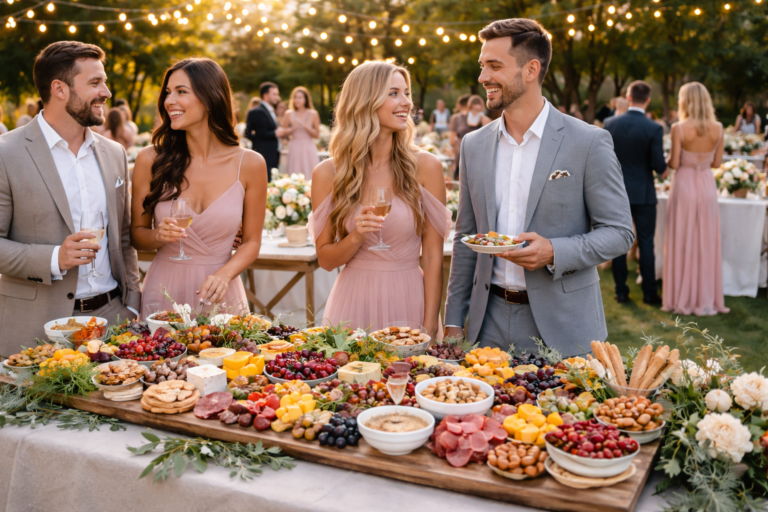 People at an outdoor wedding reception enjoying food and drinks around a table with a variety of appetizers, cheeses, fruits, and bread, with string lights and trees in the background.