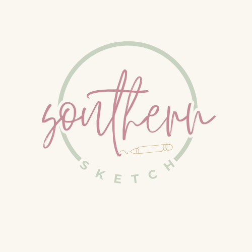 Logo with the words "southern sketch" in pink script, surrounded by a green circle and a small pen icon.