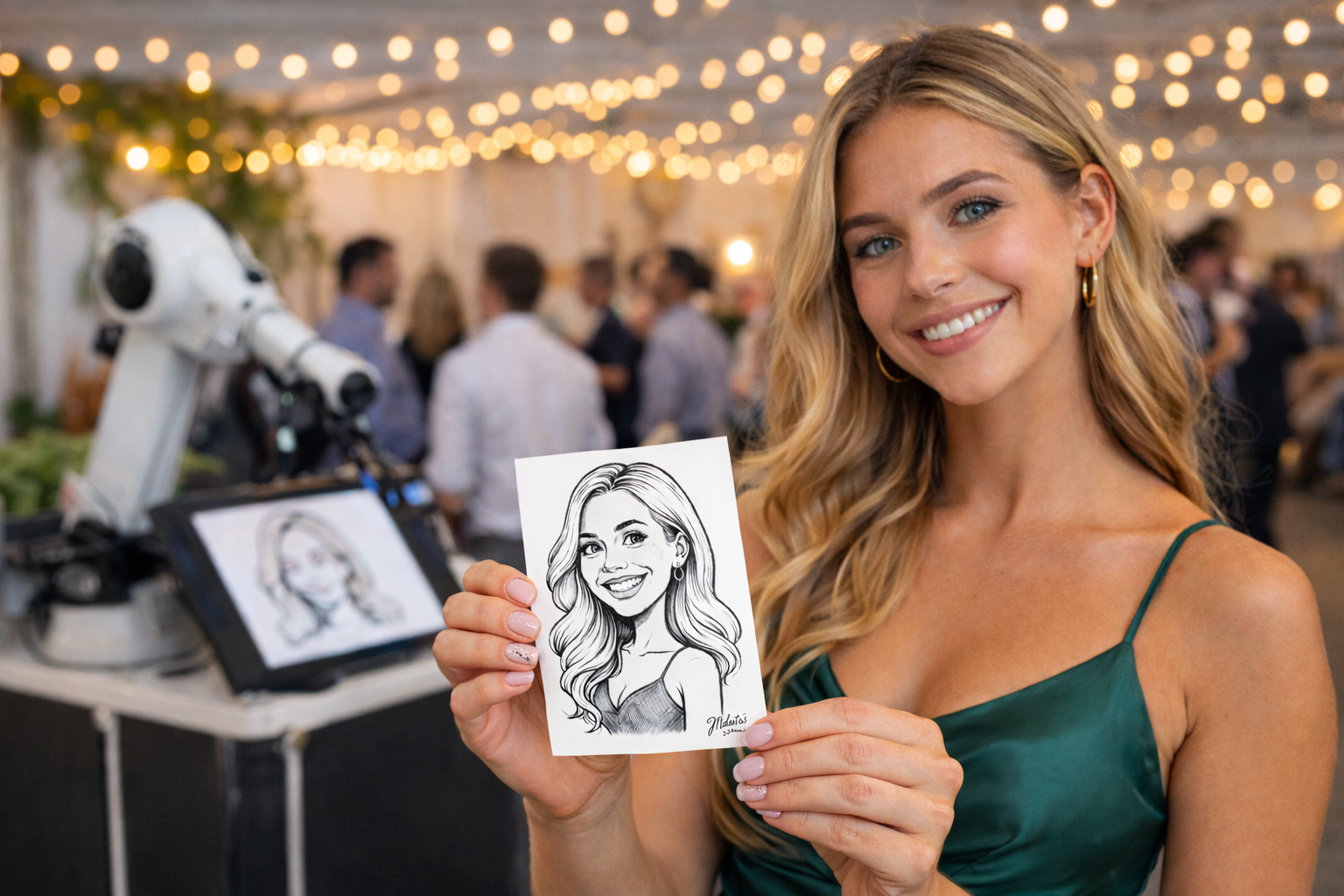 A woman with long blonde hair smiling and holding a caricature portrait of herself in front of a blurred background of people and string lights.