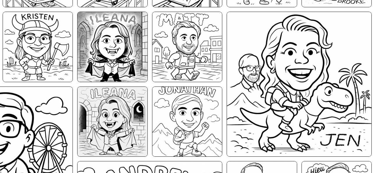 Black and white coloring page with various cartoon kids, including one riding a dinosaur, and some scenery like mountains and palm trees.