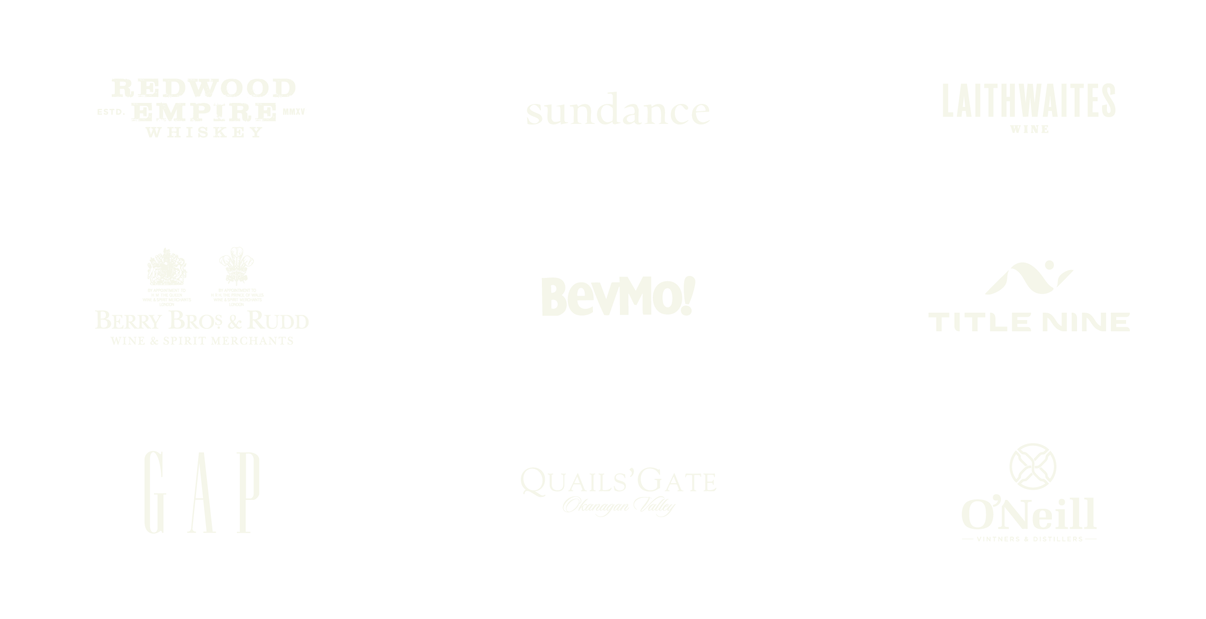 A collage of various wine, whiskey, and spirit brand logos, including Redwood Empire Whiskey, Sundance, Laithwaites Wine, Berry Bros & Rudd, BevMo!, Title Nine, GAP, Quails' Gate, and O'Neill Vintners & Distillers, displayed in white on a black background.