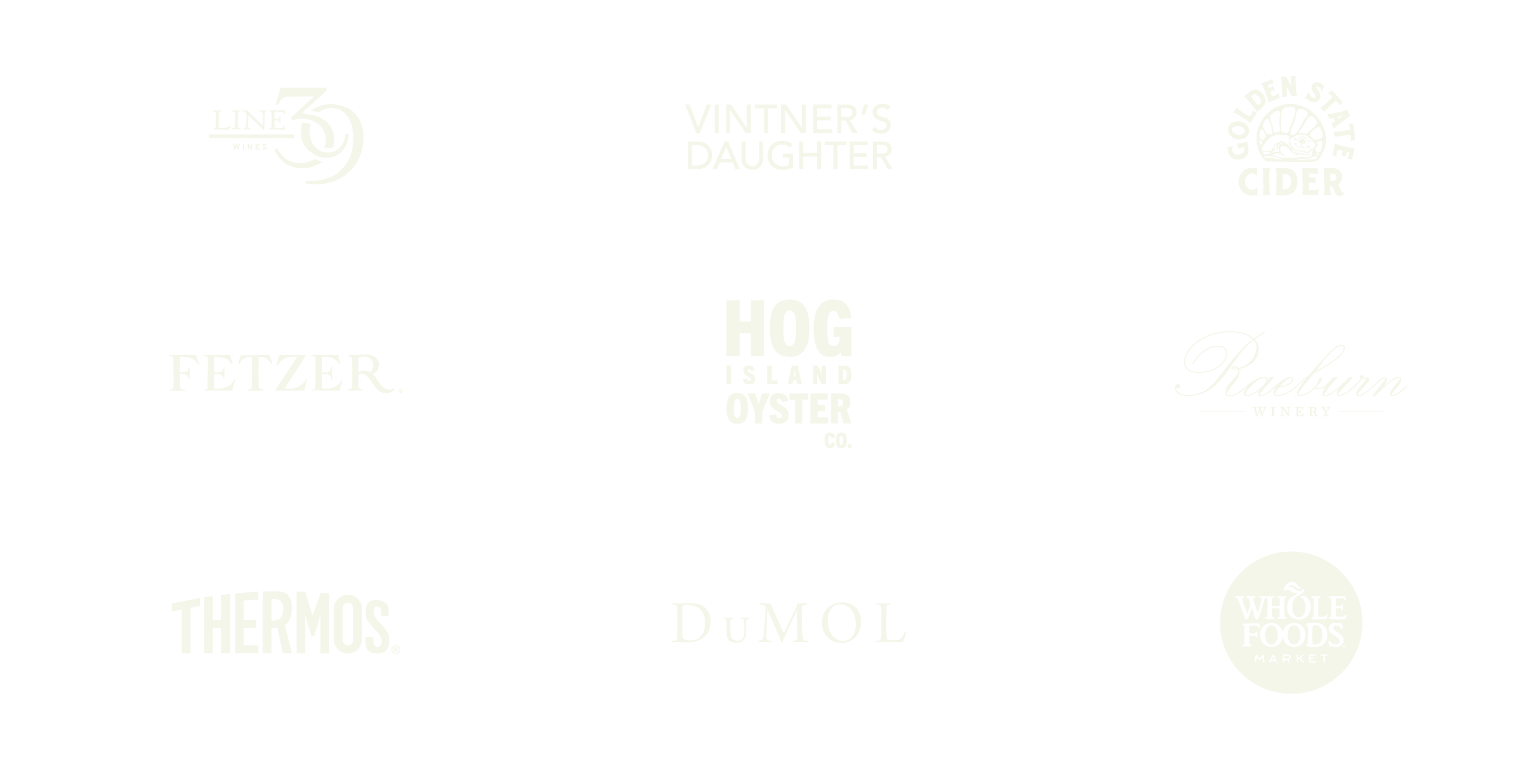 Collection of logos from various brands arranged on a black background, including Line 30 Wines, Vintner's Daughter, Golden State Cider, Fetzer, Hog Island Oyster Co., Raeburn Winery, Thermos, Dumol, and Whole Foods Market.