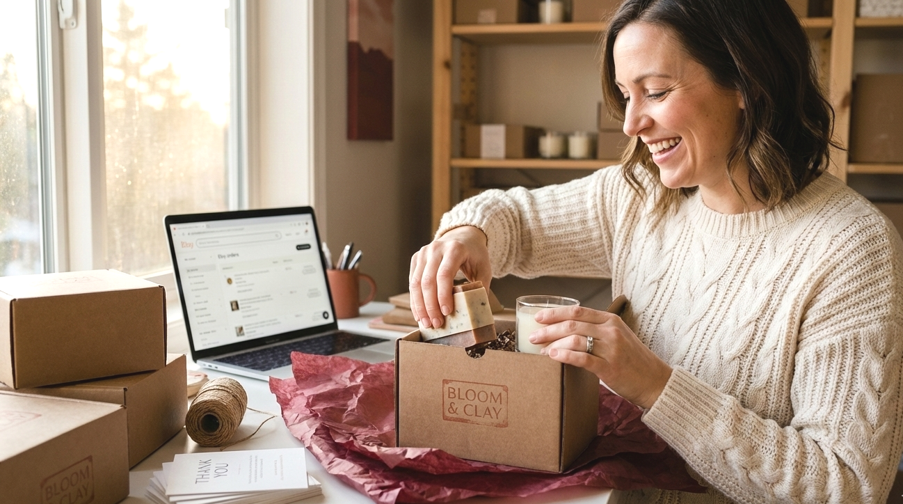 Moteris turinti smulkų verslą, džiaugsmingai pakuoja gautus užsakymus