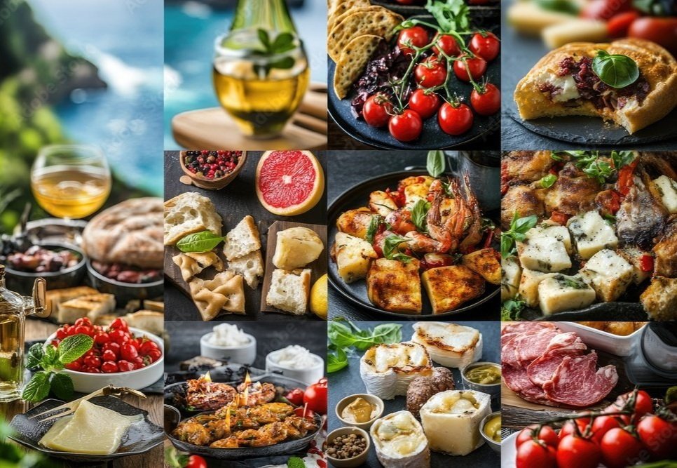 A collage of various food and beverage items, including wines, cheeses, meats, fruits, vegetables, and prepared dishes.