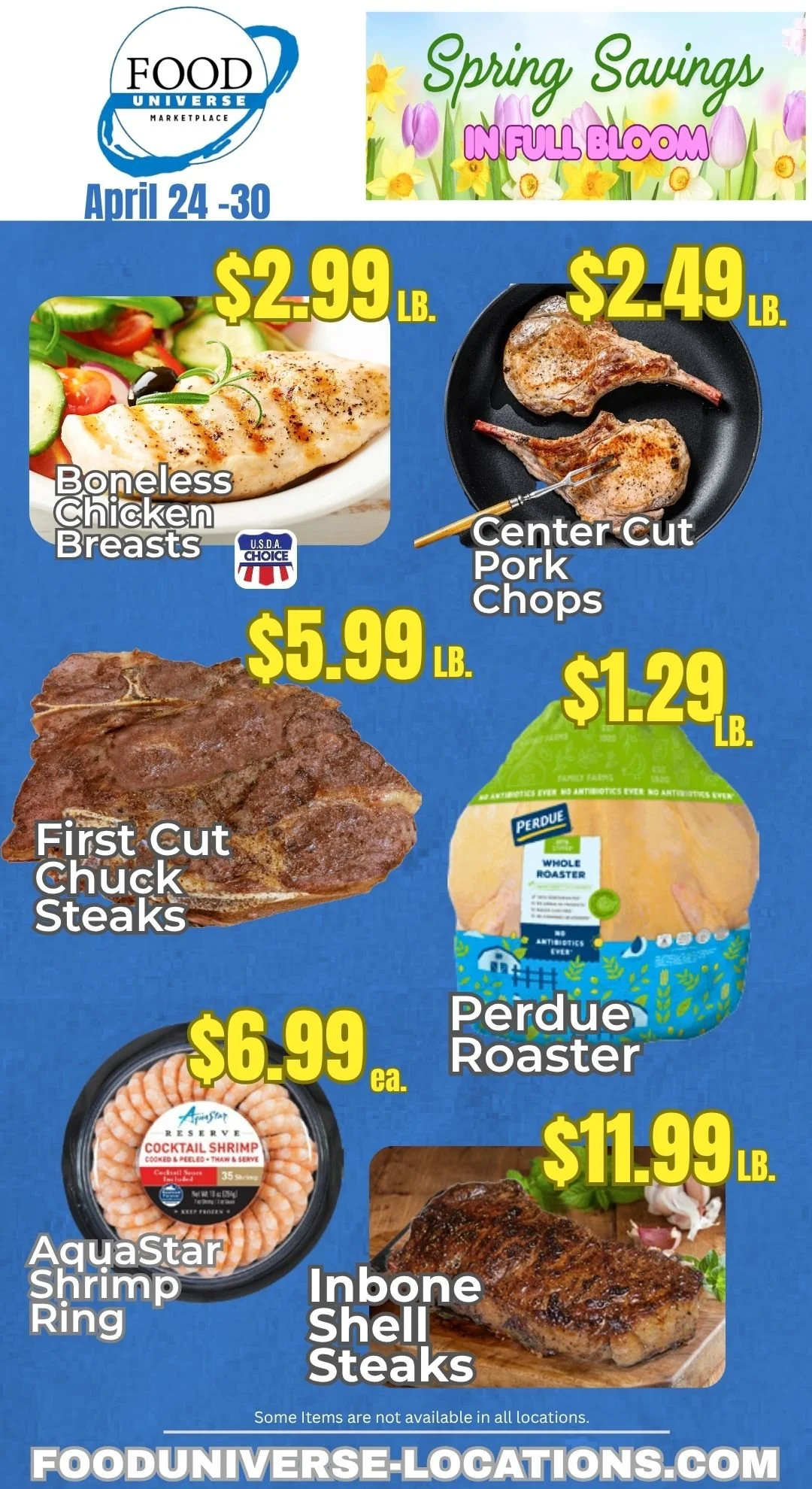 Food Universe meat and seafood sale April 24-30, 2026 — boneless chicken breasts, pork chops, chuck steaks, Perdue roaster, shrimp ring, shell steaks.