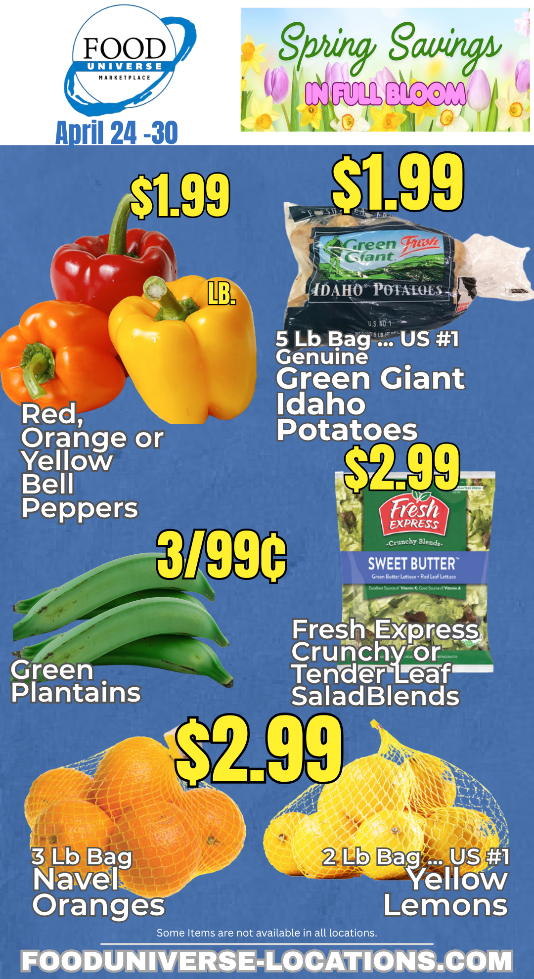 Food Universe produce specials April 24-30, 2026 — bell peppers $1.99/lb, 5 lb Idaho potatoes, green plantains, navel oranges, lemons.