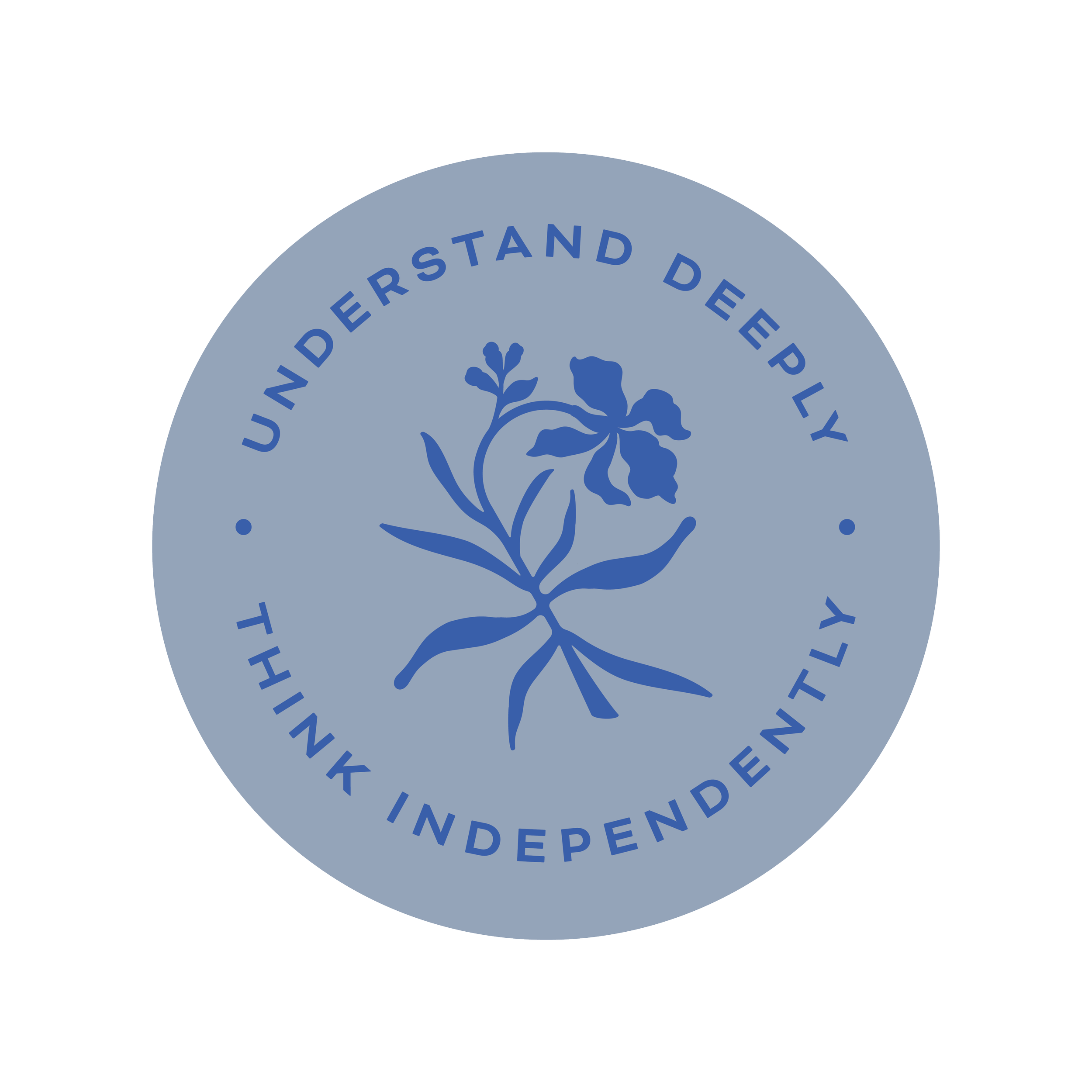 The Frameshift logo seal, featuring a blue iris logo and the words 'Understand Deeply. Think Independently.' in a circular pattern around it.