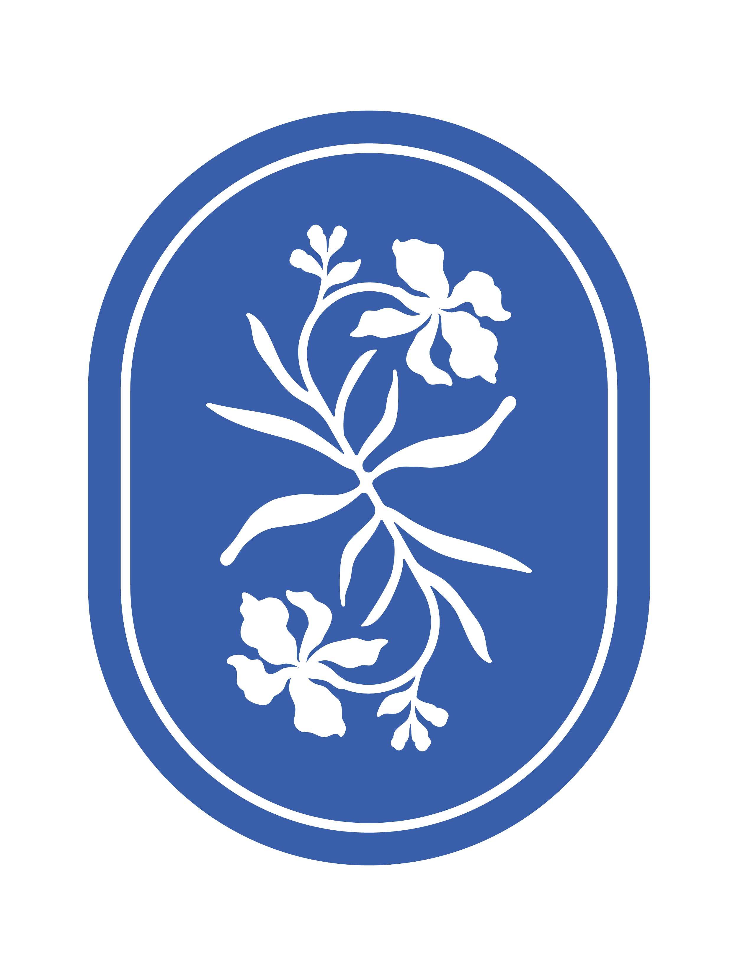 The Frameshift logo stamp, a custom botanical mark with an iris that subtly makes an "f" and and "s" within a blue oval.
