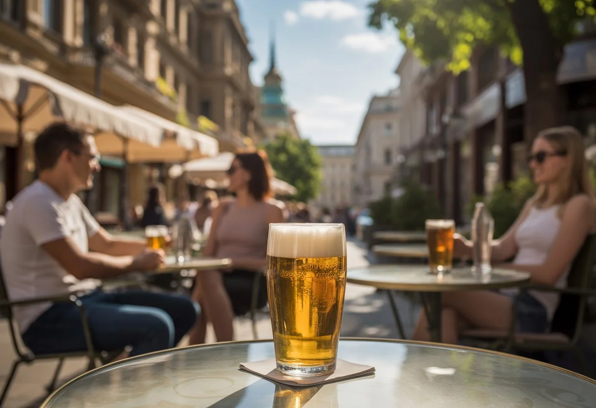 Riverside terrace in Budapest with a cold pint and views of Buda Castle across the Danube