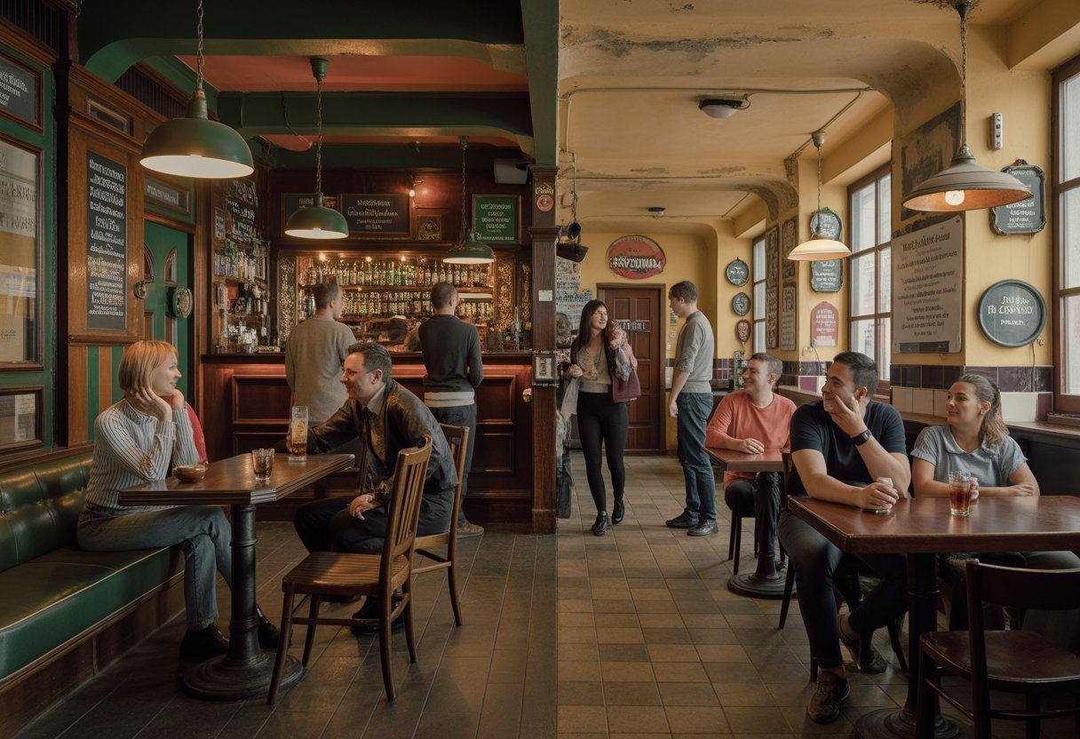 Patrons socialising side by side in an Irish pub setting and a Hungarian pub setting, contrasting conversation-led drinking with a livelier bar atmosphere