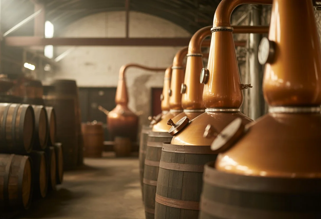 Stacked whiskey barrels in a Budapest whiskey bar with Irish whiskey and Jameson distillery-style vibes