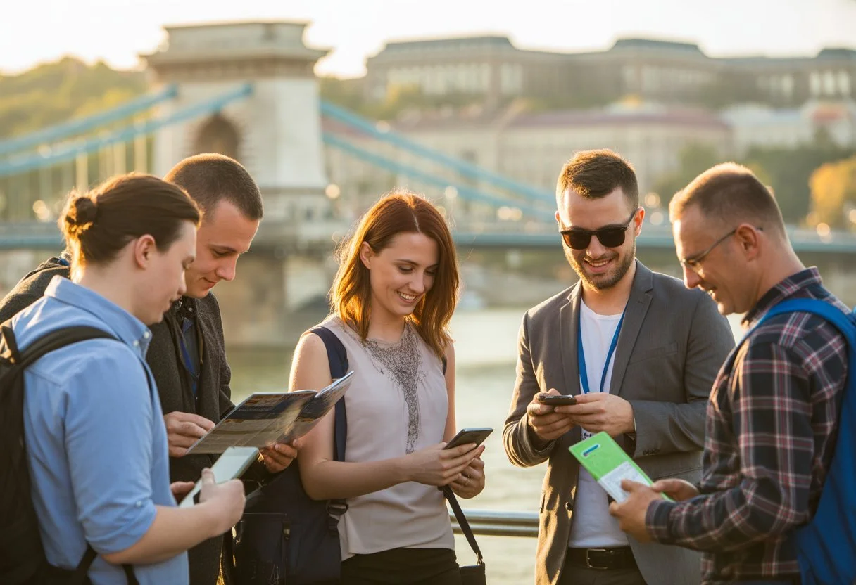 A group of Irish travellers checking documents and maps beside historic Budapest buildings