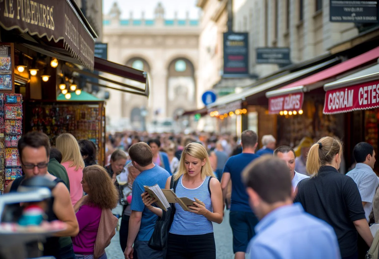 Outdoor dining terrace in a busy Budapest tourist area with visitors reading menus, surrounded by historic buildings