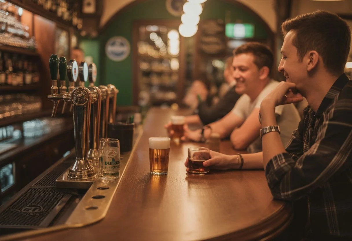 Lively Irish pub in Budapest with a busy wooden bar, people socialising with drinks, and multiple screens showing football.