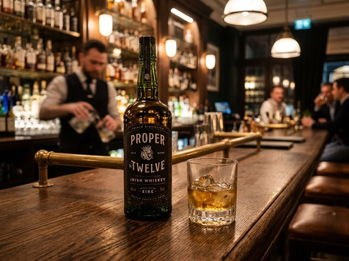 A wooden table displaying various traditional Irish drinks including a stout beer, whiskey, Irish cream, cider, a mixed cocktail and Irish coffee in a cosy pub setting