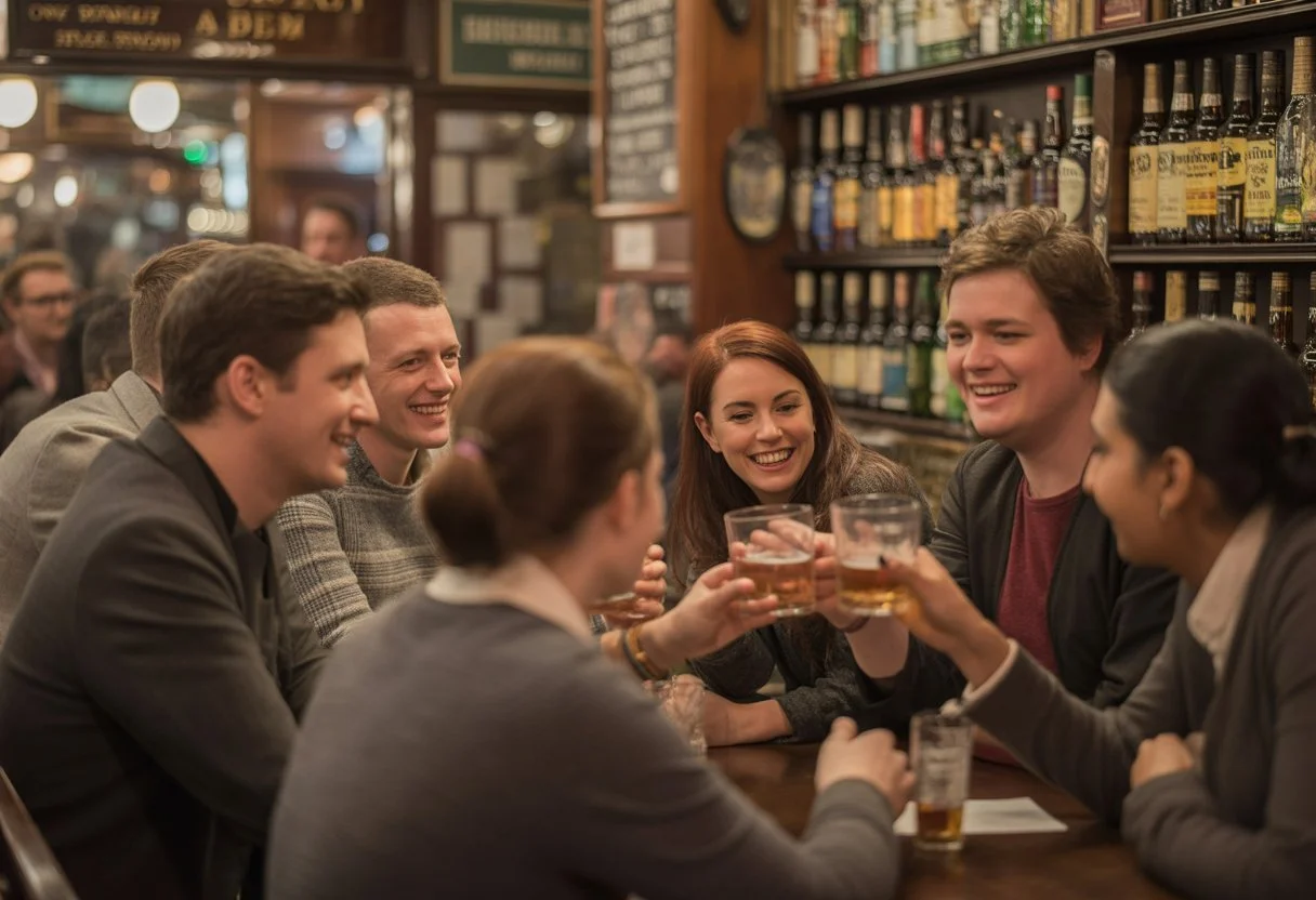 Friends enjoying drinks and conversation inside a warm traditional Irish bar with wooden interiors and shelves of bottles