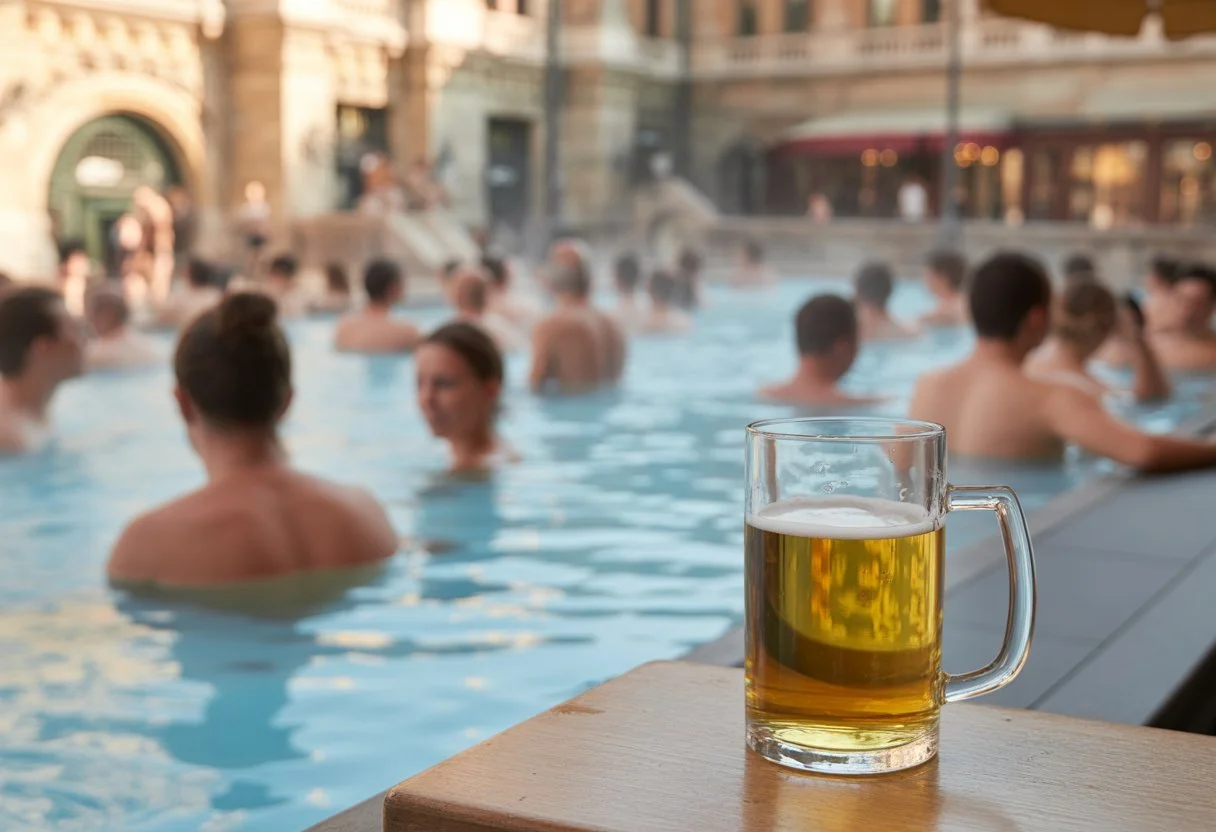 Bathers relaxing in an outdoor Budapest thermal pool with historic Neo-Baroque buildings behind and a pint of beer on a nearby table