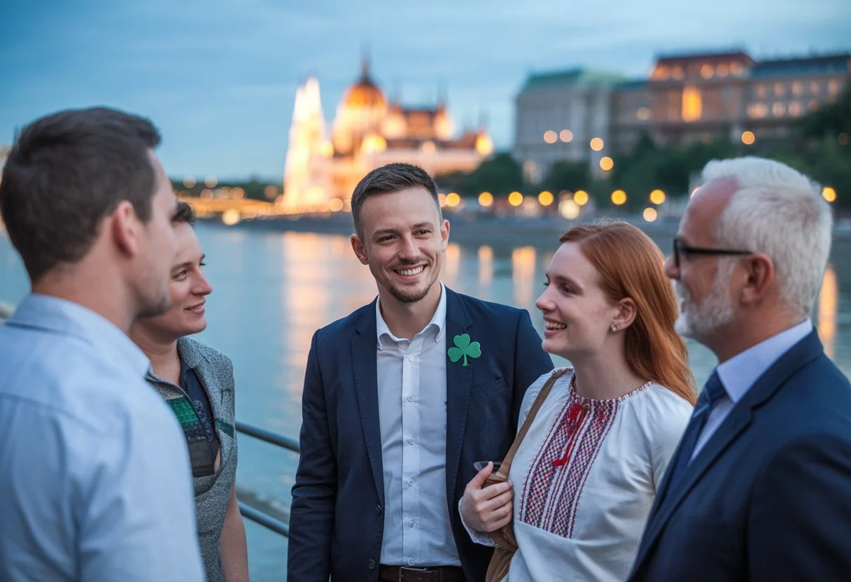 Pint of Irish stout and Hungarian pastries on a table beside the Danube with the Parliament building and Chain Bridge in the background
