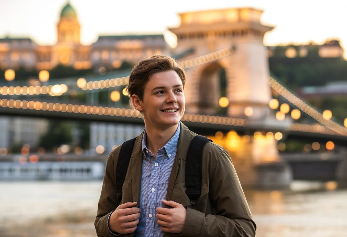 A young Irish tourist standing near the Chain Bridge in Budapest with Buda Castle at sunset