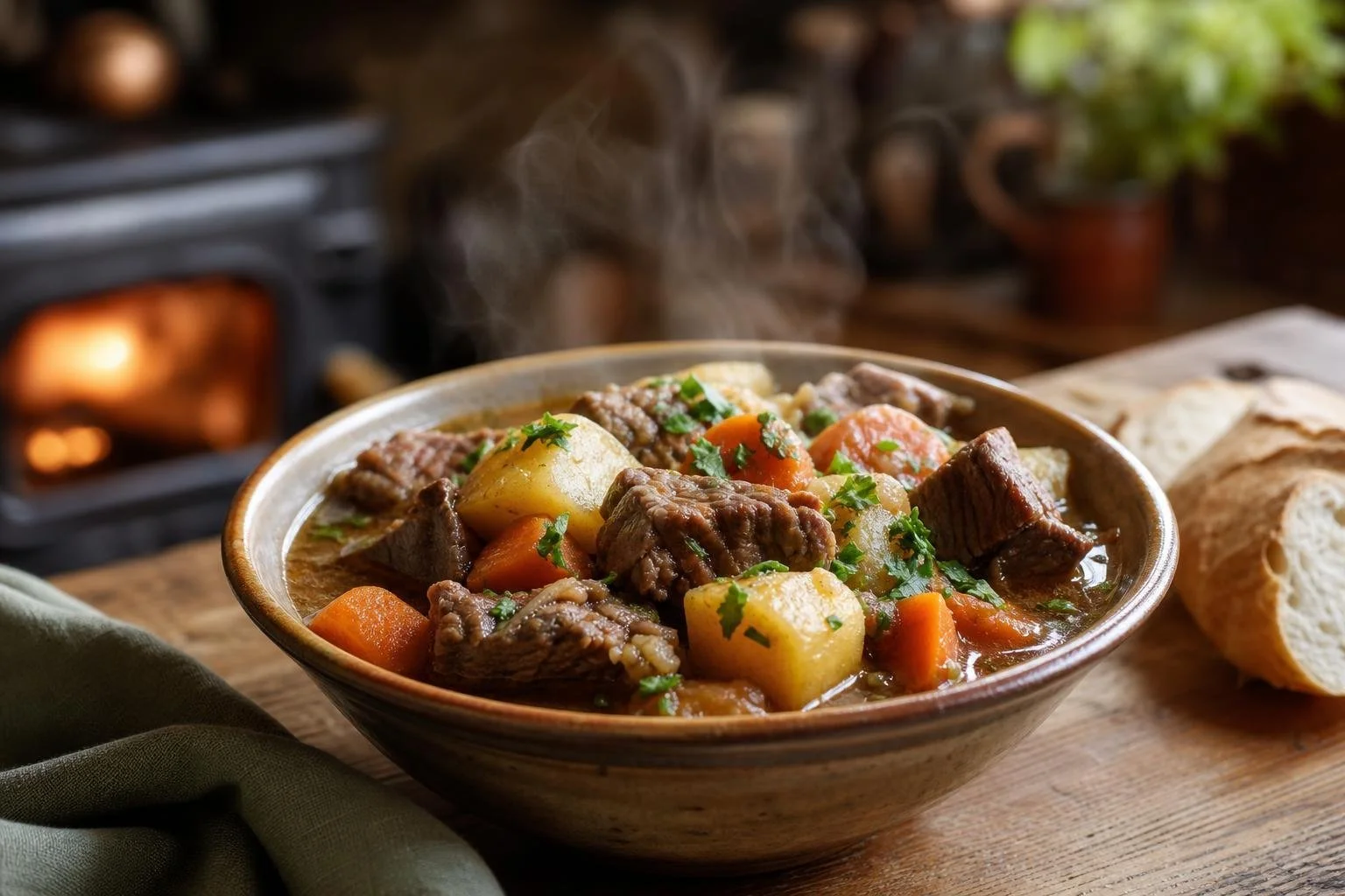 Bowl of traditional Irish stew with tender lamb, root vegetables, and fresh herbs served in a warm rustic kitchen